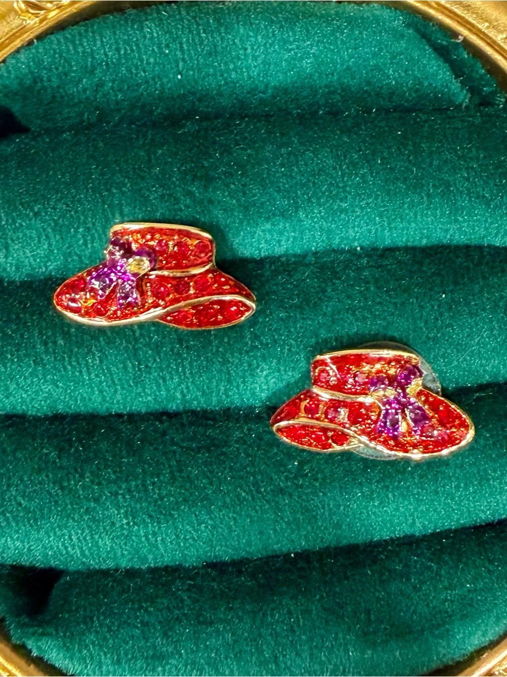 Avon Red Hat Earrings with Purple Bow Accents